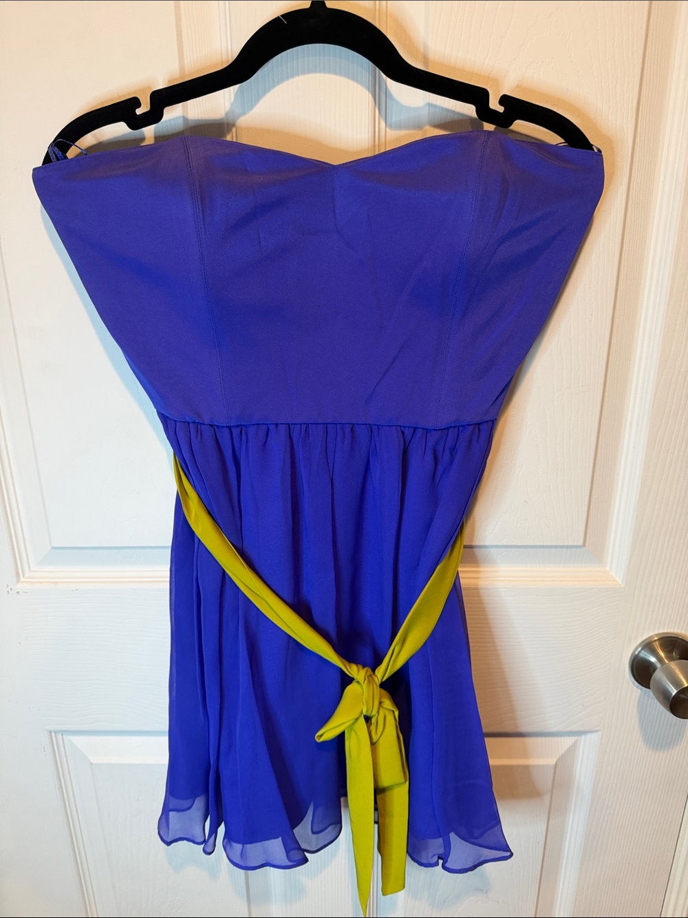 Strapless Royal Blue women's Dress with Lime Green Sash